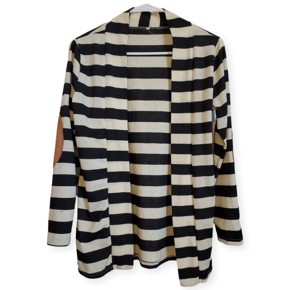 Women's Black and White Striped Cardigan with Elbow Patches - Picture 1 of 4